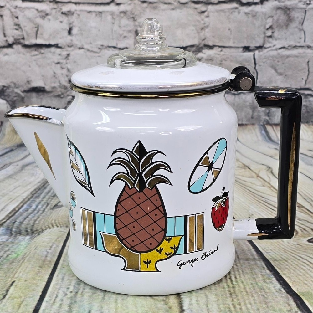 Georges‎ Briard Ambrosia Pineapple Coffee Pot MCM Enamelware Percolator USA